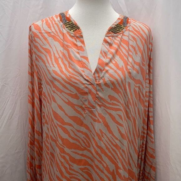 Chicos Pink zebra stripe beaded neck & Sleeve tunic top shirt 2 L - Picture 2 of 11